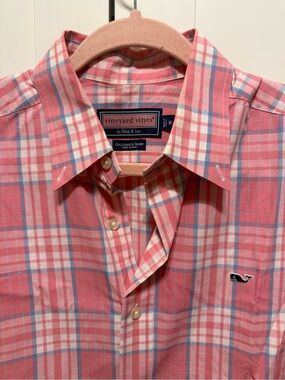 Vineyard Vines Coral Pink Plaid Button-Down Shirt with Blue Accents